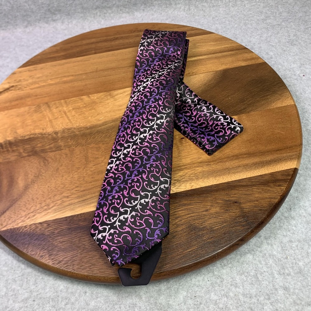 Gianfranco Italy Tie Mens Purple‎ Pink Black Scroll Pattern Microfiber Hand Made